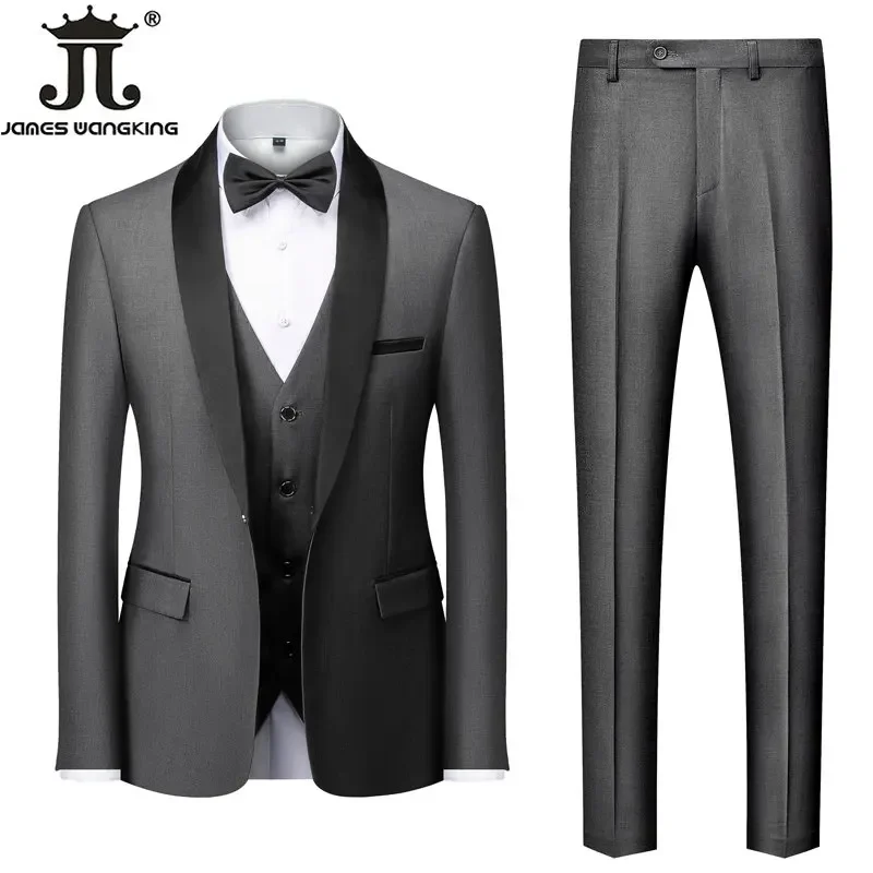 M-6XL Jacket Vest Pants Solid Color Men's Formal Business Office Suit Groom Wedding Dress Party Blazer Waistcoat Trousers Tuxedo - Image 4