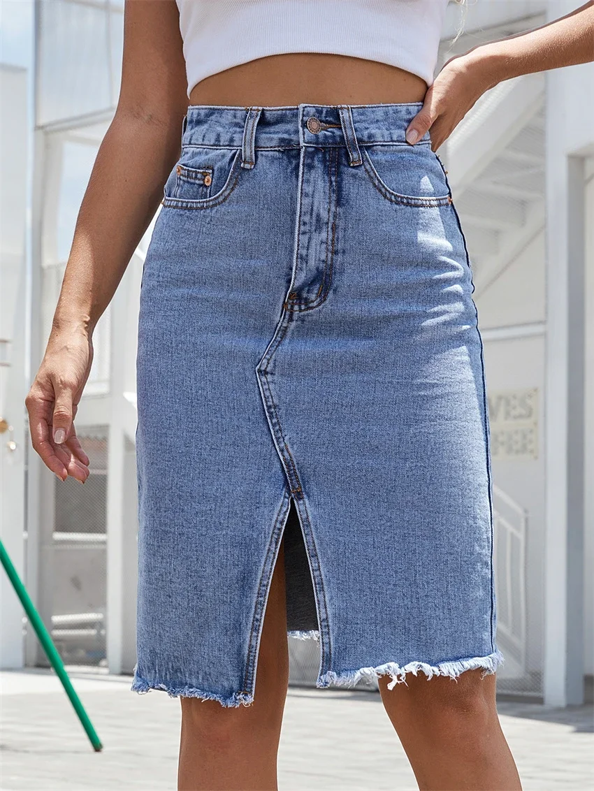 Women's Front Slit Blue Denim Skirt Pockets High Waist Slim Zipper Fly Midi Skirts 2023 Spring Female Casual Streetwear - Image 4