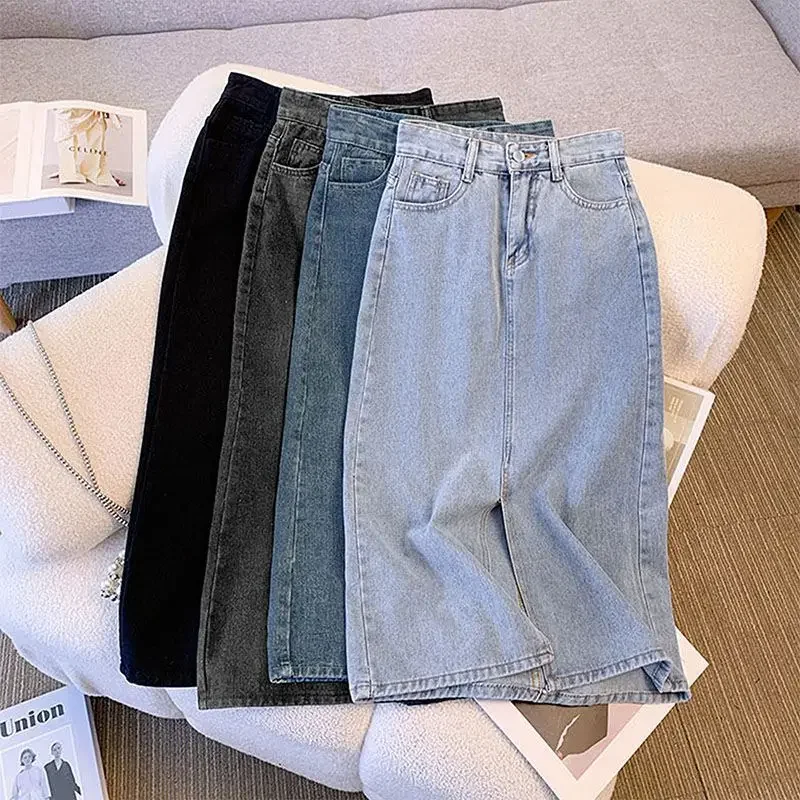High-waisted Side Slit Denim Skirt Women's Korean Style New Spring Summer Petite A- line Hip-hugging Long Skirt Vintage