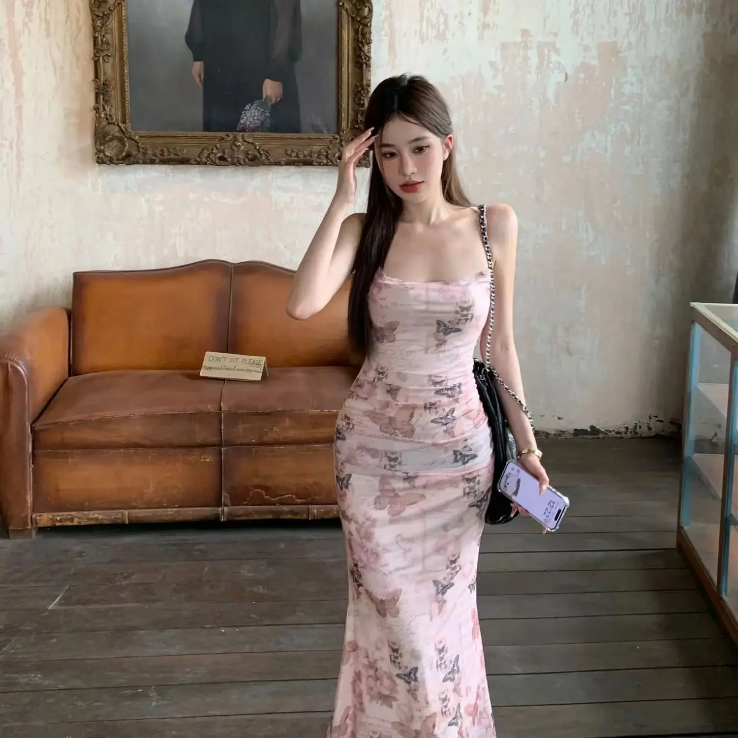 Women's Sexy Butterfly Print Waist-Fitted Open-Back Tank Dress Long Bodycon Skirt Pure Desire Summer Dress