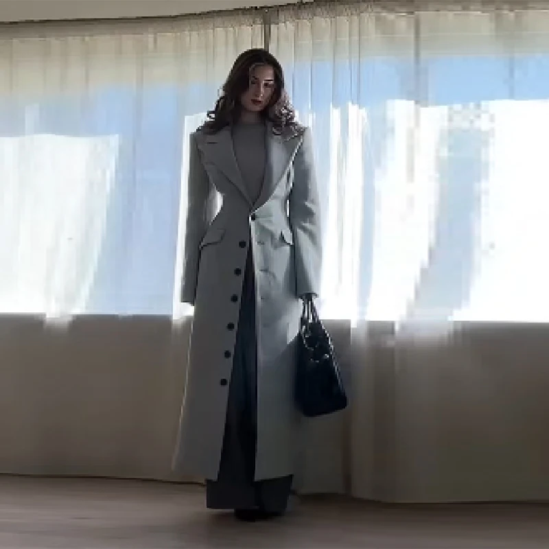 Women's Long Coat Slim V Neck Single Breasted Overcoats Shoulder Pad Maxi Jackets with Belt 2025 New Winter Lady Commute Outwear - Image 3