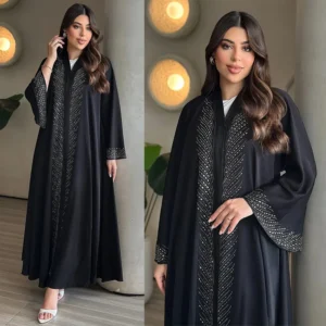Fashionable Black Long Open Cardigan Abaya with Rhinestones Loose Polyester Midi Dress for Women in Dubai Autumn 2025