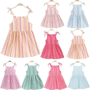 2025 Summer Girls Korean Version Strappy Dress Kids Pink Sleeveless Printed Dress Baby Cotton And Linen Casual Princess Dress