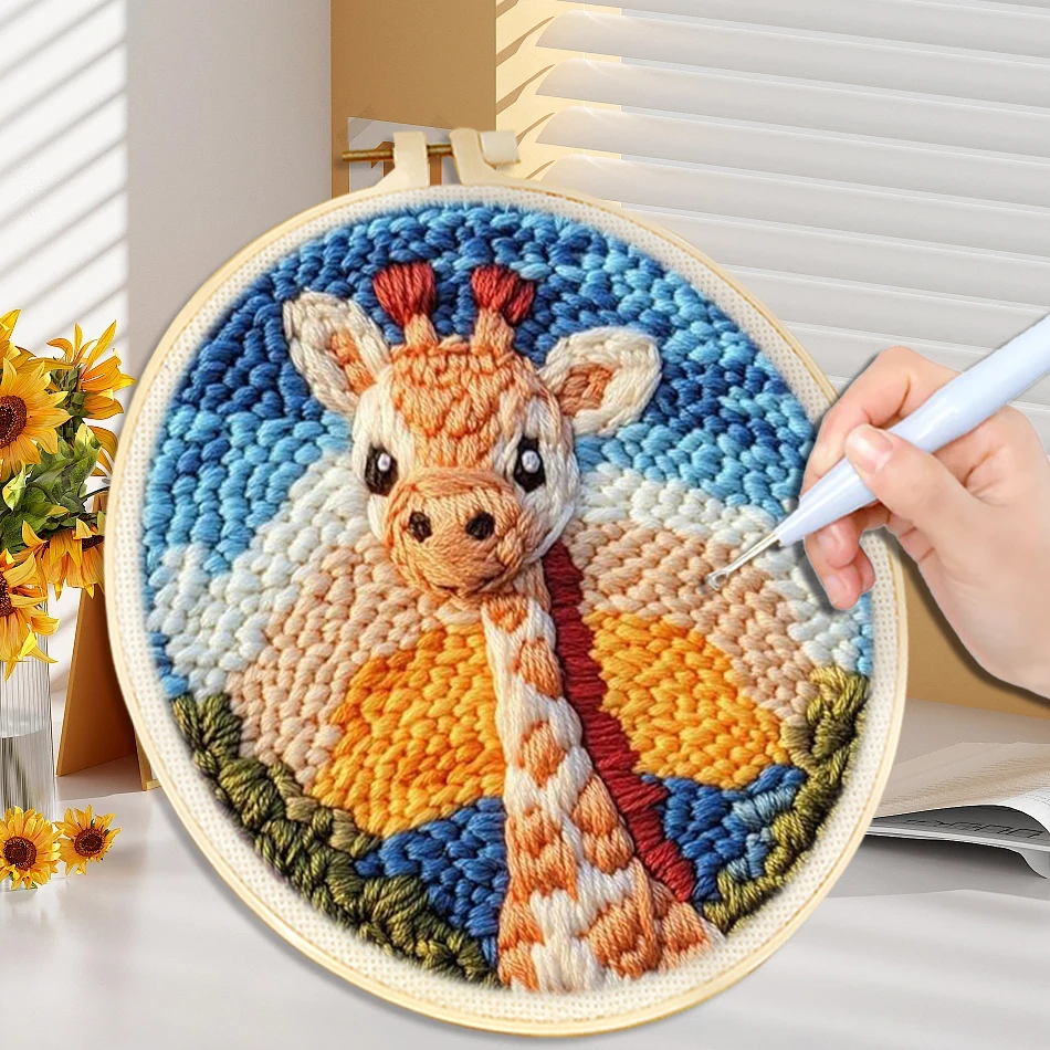 DIY Punch Needle Kits for Beginners Cute Animal with Hoop Embroidery Punch Needle Starter Craft Set Giraffe Festival Gift