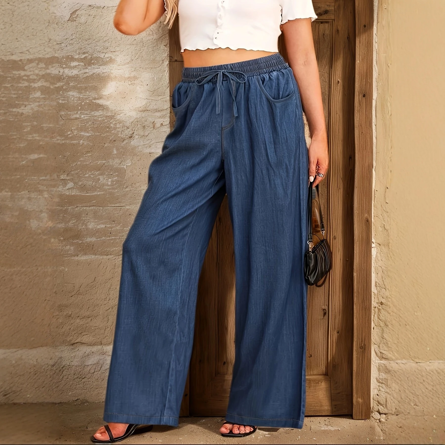 Women Lmitation Denim Wide Leg Jeans High Waist Drawstring Loose Trousers Casual Soft Summer Spring Jean Bottoms - Image 3