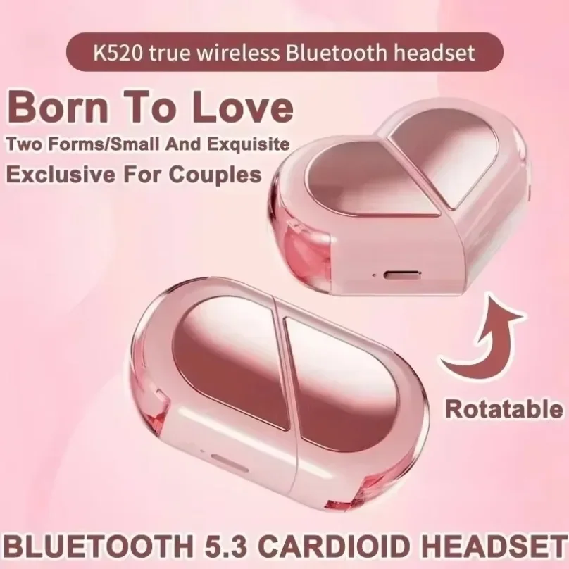2025 Rotatable Love Heart Shaped Charging Case Low Latency Headphones NEW K520 Wireless Stereo Earbuds EarphoneFor Phone Tablet
