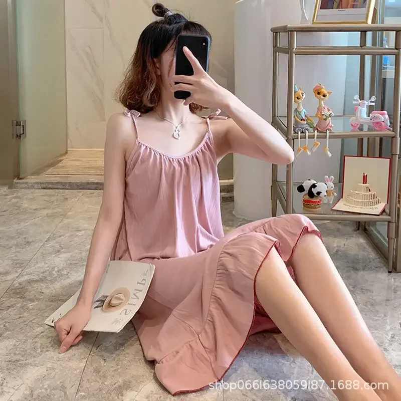 New Ins Style Tank Dress Women's Summer Medium-length Cute Sleepwear Homewear Sleeveless Sleep Dress For Students - Image 2