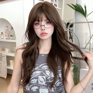 NAMM Long Wavy Women Brown Wig For Women Daily Party Long Wavy Wigs Synthetic Wigs With Fluffy Bangs Heat Resistant