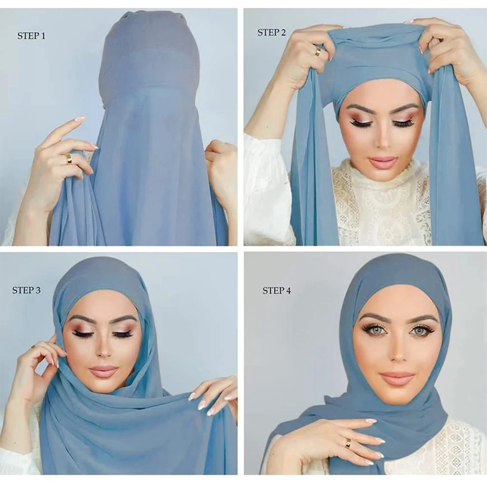 Muslim Women Chiffon Hijab With Cap Bonnet Instant Chiffon Hijab Pinles Shawl Head Scarf Under scarf Caps Cover Headwrap - Image 2