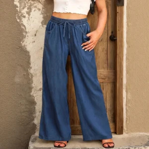 Women Lmitation Denim Wide Leg Jeans High Waist Drawstring Loose Trousers Casual Soft Summer Spring Jean Bottoms