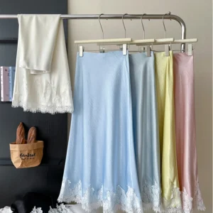 Beiyingni French Elegant Satin Mermaid Skirt Women Spring Summer Lace Patchwork Pack Hip Long A-line Skirts Office Ladies Faldas