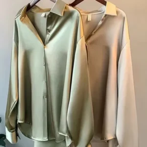 Elegant Satin Loose Women Shirt Spring Turn-down Collar Ladies Blouse Autumn Vintage Casual Button Silk Tops