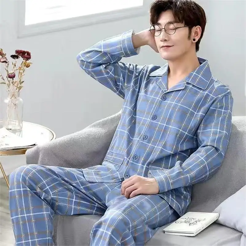 Men's Pure Cotton Spwear Long Sve Loose Fit Home Clothes Set Spring Autumn Casual Sle Button up Cardigan Large Size - Image 5