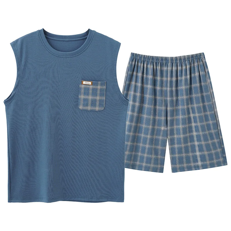 Fashion Summer Letter Print Pajamas Sets for Men Plaid Pants Knit Cotton Male Sleepwear Big Yards 4XL Home Wear Lounge Nightwear