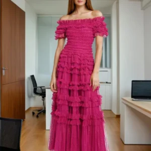 DFDG Elegant Wind Wood Ear Design With One Shoulder 2024 Spring And Summer New Style Mesh Wave Dot Long Dress For Women