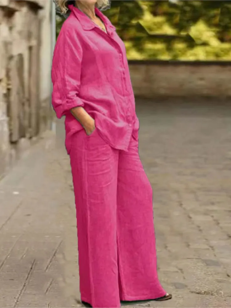 Fashion Cotton Linen Shirt Long Sleeved Women's Set Spring Autumn Loose Cotton Linen Wide Leg Trousers Female Office 2piece Set - Image 3