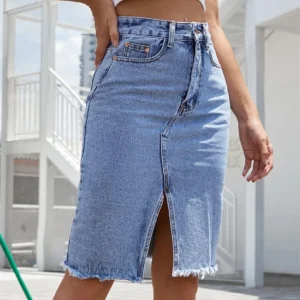 Women's Front Slit Blue Denim Skirt Pockets High Waist Slim Zipper Fly Midi Skirts 2023 Spring Female Casual Streetwear
