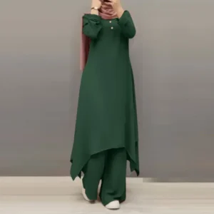 Spring Autumn Hot Sale Of The Season New Muslim Women's Clothing Set Middle East Solid Color round Neck Button Long Sleeve Wide