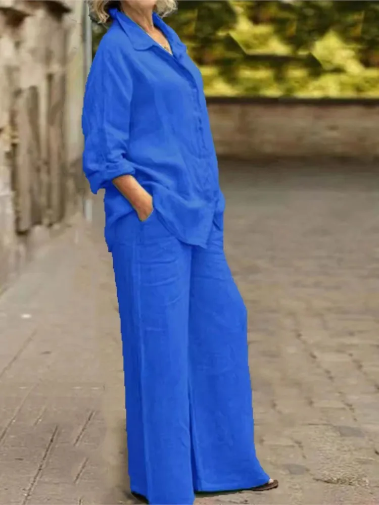 Fashion Cotton Linen Shirt Long Sleeved Women's Set Spring Autumn Loose Cotton Linen Wide Leg Trousers Female Office 2piece Set - Image 6