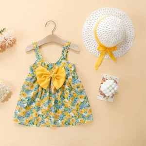 Baby Girl Dresses Summer Floral Cotton Suspender Dresses Cute Bow Girls Dresses Beach Dresses With Hats Baby Clothes Girls