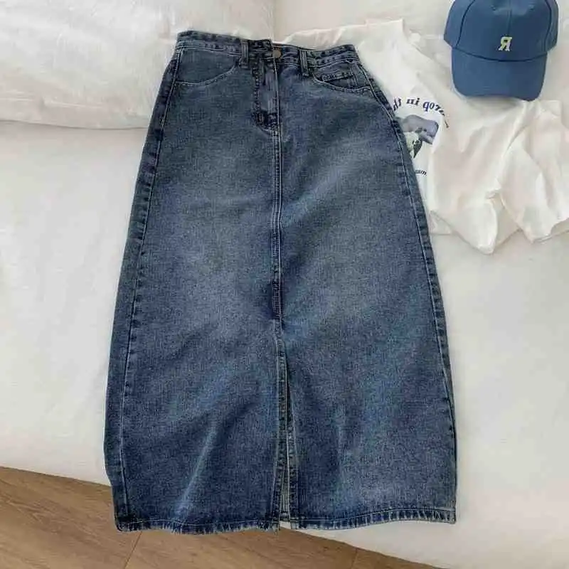 Retro High Waist Midi A- Line Mini Skirt Women's Denim Skirt Spring Fresh Sweet School Style No Stretch Crossbody Skirt