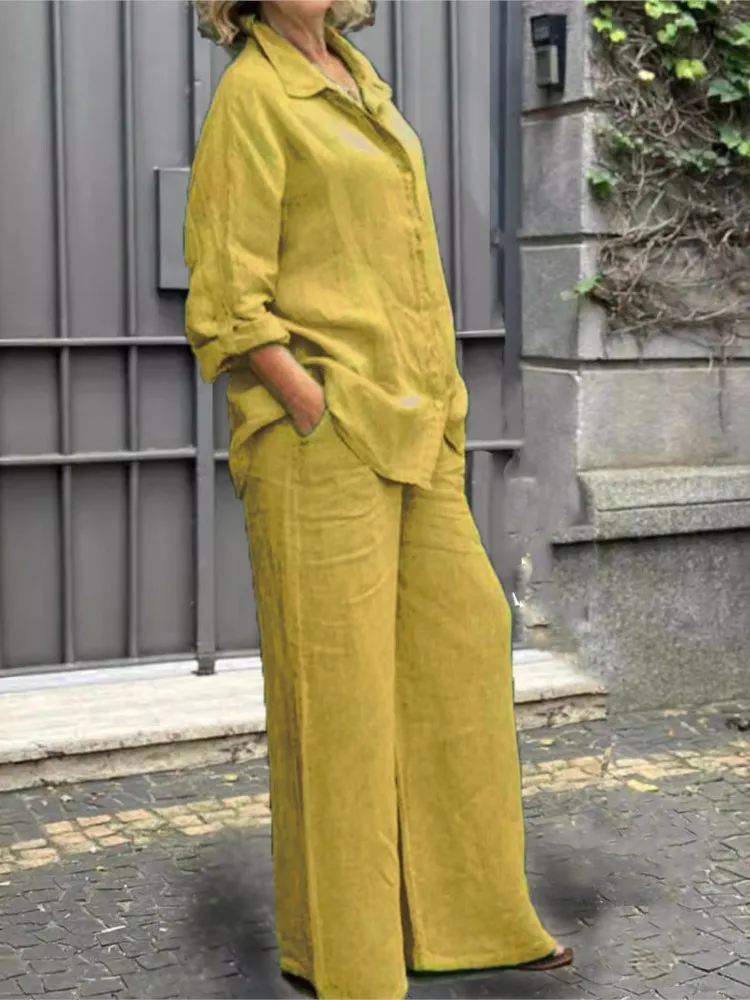 Fashion Cotton Linen Shirt Long Sleeved Women's Set Spring Autumn Loose Cotton Linen Wide Leg Trousers Female Office 2piece Set - Image 4