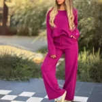 Fashionable Casual Pure Color Long Sleeve Two-Piece Set Wide Leg Pants Comfortable Polyester Women's Cross-Border Clothing