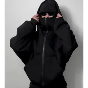 Men and women Balaclava Y2K Gothic Harajuku winter Warm new item double hooded sweatshirt men's hooded mask zipper sports Jacket