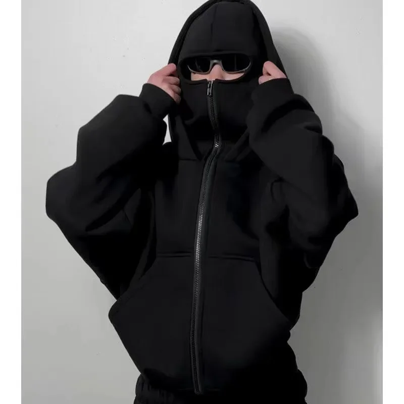 Men and women Balaclava Y2K Gothic Harajuku winter Warm new item double hooded sweatshirt men's hooded mask zipper sports Jacket