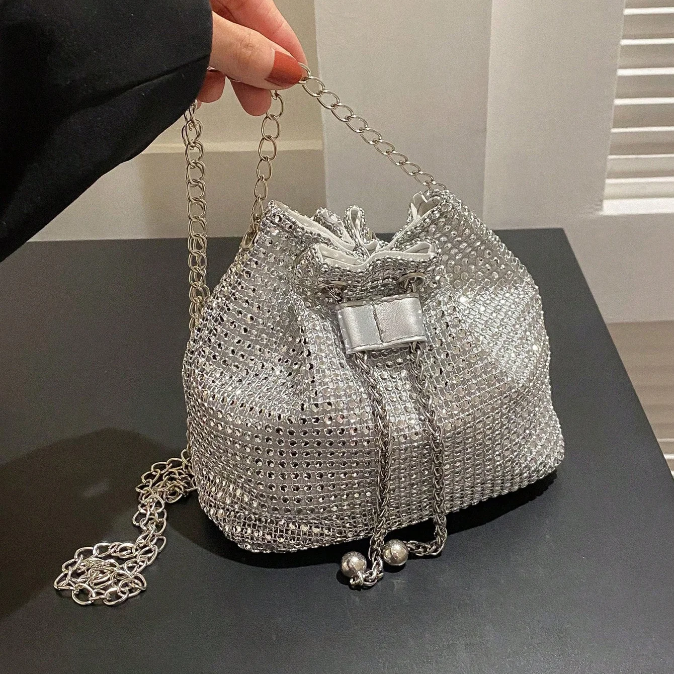 Sparkling Rhinestone Embellished Drawstring Crossbody Bag, Multi-Functional Bucket Purse, Formal Handbag for Women Daily Commute - Image 2
