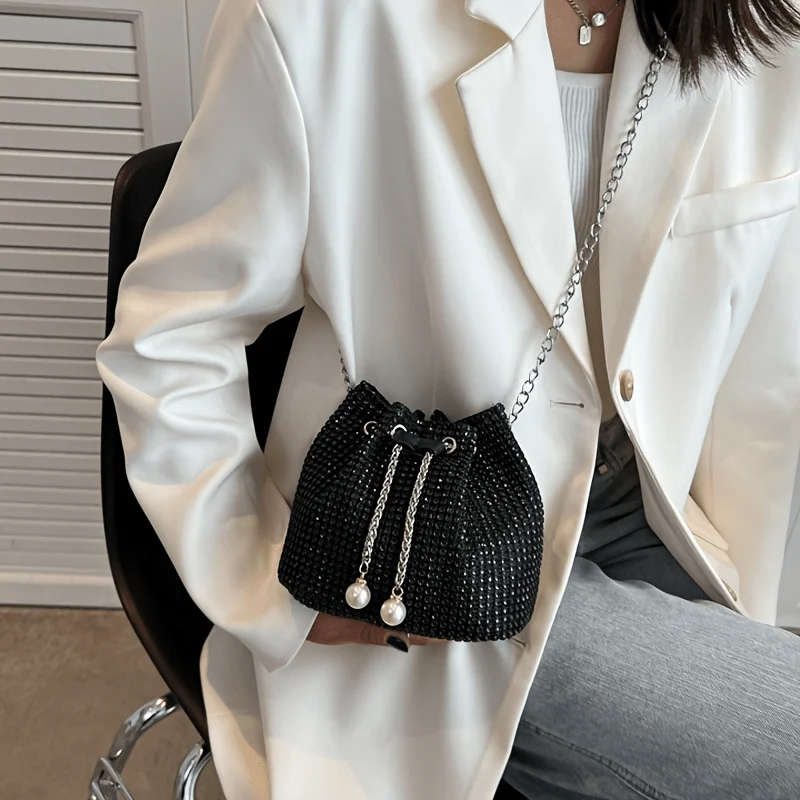 Sparkling Rhinestone Embellished Drawstring Crossbody Bag, Multi-Functional Bucket Purse, Formal Handbag for Women Daily Commute - Image 6