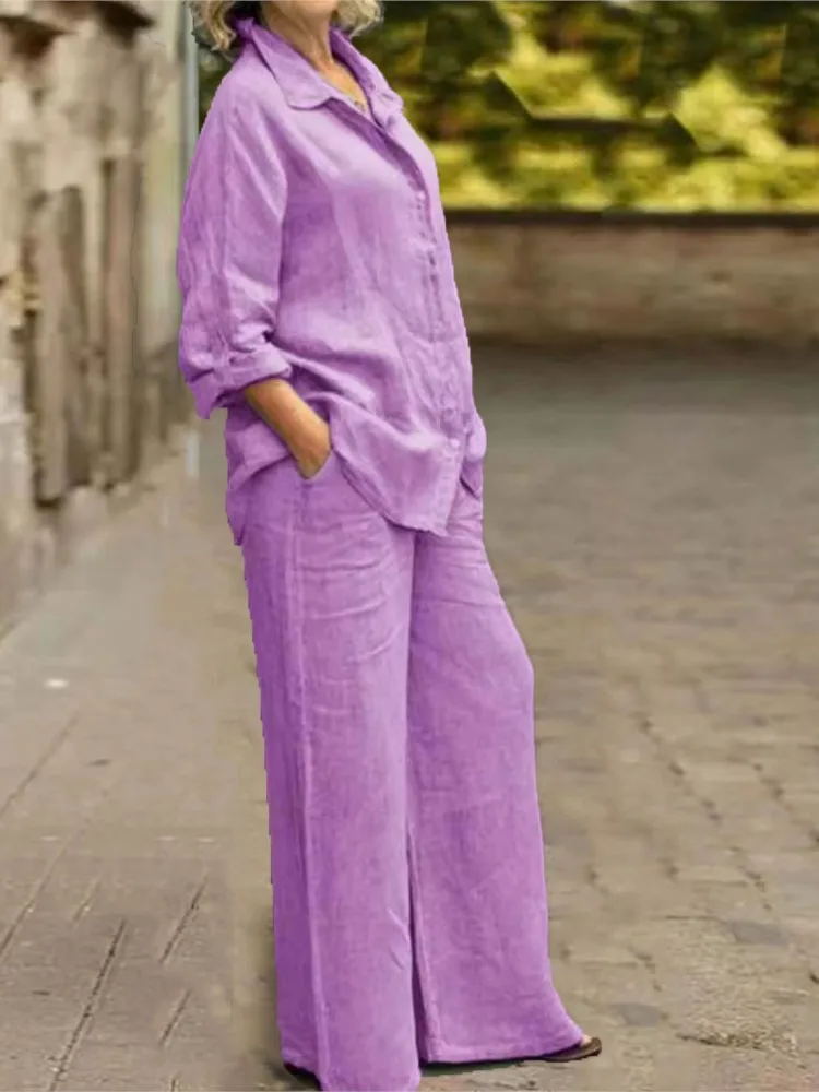Fashion Cotton Linen Shirt Long Sleeved Women's Set Spring Autumn Loose Cotton Linen Wide Leg Trousers Female Office 2piece Set - Image 5