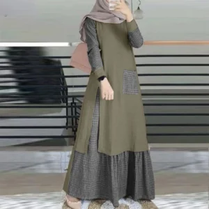 Muslim Women's Dresses Creative Casual Patchwork muslim women long dresses Long Sleeve Round Neck Hem Islamic Clothing dress