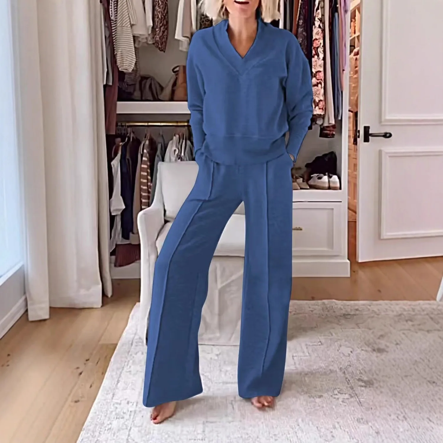 Women's Casual Loose Long Sleeve V-Neck Top Wide Leg Pants Set Autumn Winter Fashion Comfortable Polyester Spandex Ensemble