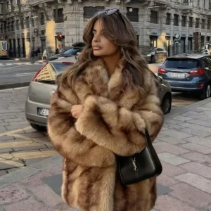 PUAL Luxury Brand Fashion Women Yellow Striped Faux Fur Jacket Coat Chic Girls 2025 Winter Oversized Warm Outerwear Overcoat