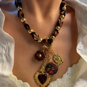 GHIDBK Stainless Steel Enamel Heart Resin Flower Geometric Pendant Necklace for Women Vintage Leopard Print Rope Chain Jewelry