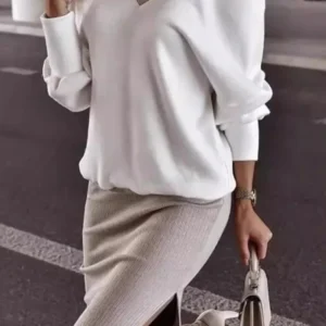 Autumn Winter Casual Loose V-neck Sweatshirt Suit Women's Tight Skirt Long-sleeved Top Two-piece Set New Fashion Holiday Sets