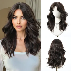 EASIHAIR Natural Dark Brown Wavy Synthetic Wigs Medium Length Middle Part Wig for Women Daily Party Wedding Use Heat Resistant