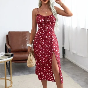 Women's Clothing Summer 2024 Trend Floral Dress, Flower Print Spaghetti Strap Sleeveless with High Slit for Ladies
