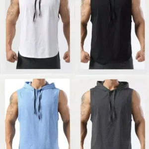 2025 summer new men's lace up hooded sleeveless vest men's summer loose solid color casual hip-hop sleeveless T-shirt top