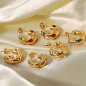 Uworld Shaped Hammer Shiny Zircon CC Shape Hoop Earrings For Women 18K Gold Plated Stainless Steel Circle Earrings Jewelry