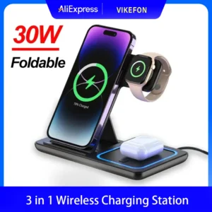 30W 3 in 1 Fast Wireless Charger Stand Foldable Charging Station For iPhone 15 14 13 12 11 Apple Watch Airpods Pro iWatch 8 7 6