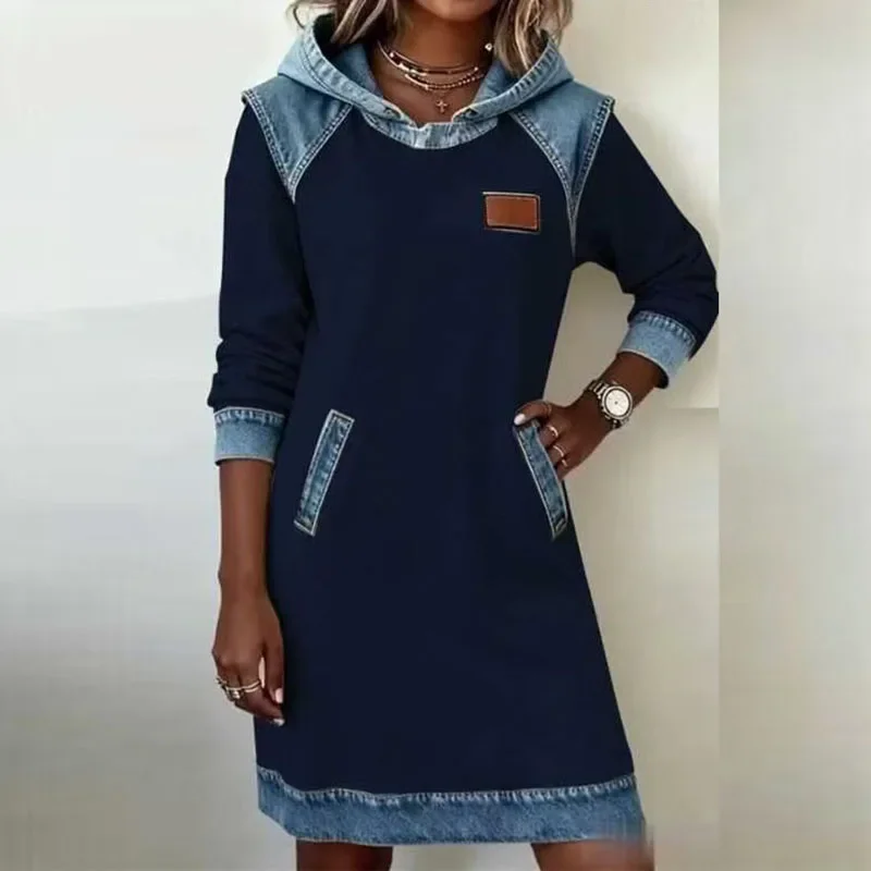 Denim Contrast Hoodies Sweatshirt Dress Retro Woman Casual Patchwork Hooded Pullover Dress Autumn Long Sleeve Pocket Party Dress