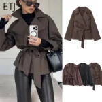 ETJ Autumn 2025 new collection women's British style lapel double-breasted Maillard color belt casual trench coat