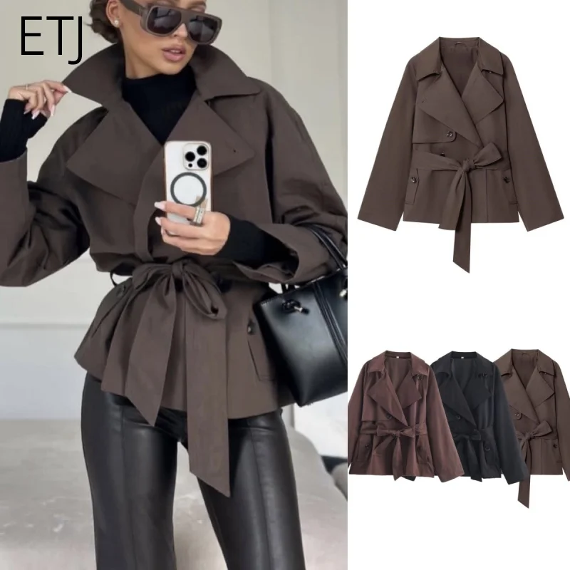 ETJ Autumn 2025 new collection women's British style lapel double-breasted Maillard color belt casual trench coat