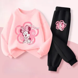 Pink Series Minnie Print Spring New Children's Clothing Sets Girls Long Sleeved Pullover Pants 2pcs Suit Kids Casual Sweatsuit