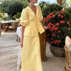 Bornladies 2025 Summer Women's 100% Cotton V-Neck Lace-Up Bubble Sleeve Shirt Long Skirt Set Loose Casual Two-Piece Suit