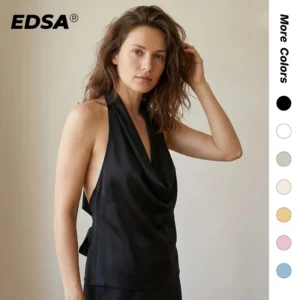 EDSA Women Satin Halter Top with Adjustable Tie Sleeveless Open Back Solid Collar Vest Summer Beach Style Casual Blouse