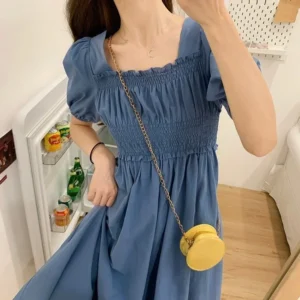 Gentle Shoulder Bubble Embroidery Dress Women's Summer New Style French Long Waist Cinching Slim A- Line Chiffon Dress