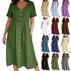 2023 Spring Summer New Amazon Independent Station Fast Selling Solid Color Loose-Fit High-Waisted Cotton Linen Dress
